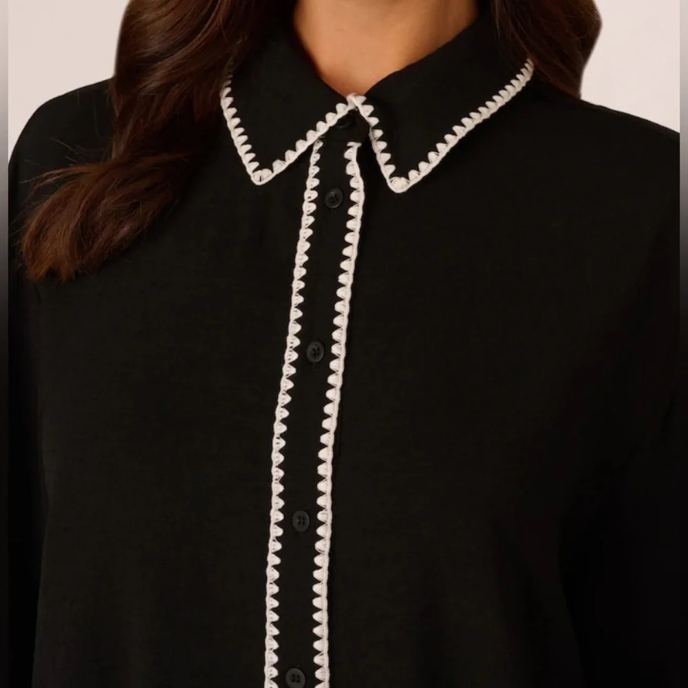 Adrianna Papell Button Up Top M Black White Relaxed Embroidered Woven Career